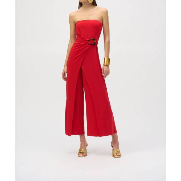 NEW JOSEPH RIBKOFF strapless wrap front cropped jumpsuit in radiant red